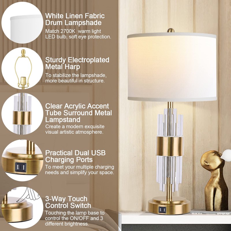 Table Lamp for Living Room with USB Ports, Gold Bedside