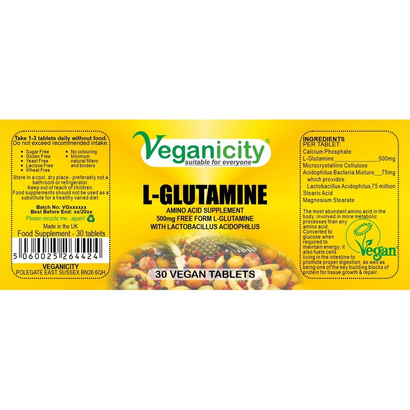 Veganicity L-Glutamine 500mg : Digestive Health Amino Acid Supplement :