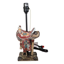 Ebros Gift Faux Tooled Leather Rustic Western Cowboy Horse Saddle with Ichthys Jesus Fish Symbol Resin Desktop Table Lamp with Brown Laced Shade Country Rustic Home Decor Accent
