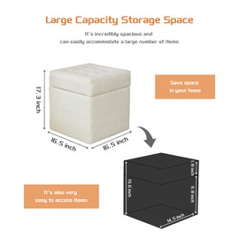 Aoohxzr 17" Square Leather Storage Ottoman Footstool, Removable Lid with Buckle Stitching, Upholstered Vanity Stool Wood Base for Living Room, Bedroom, Entryway, Under Desk, Beige