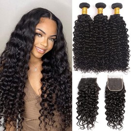 Vallbest Water Wave Bundles with Lace Closure Wet an Wavy Human Hair 3 Bundles with 4x4 Transparent Swiss Lace Closure Free Part Curly Wave Bundles Hair Extensions (20 20 20+18) for Black Women