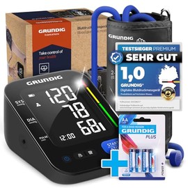GRUNDIG Blutdruckmessger√§t Oberarm - hochpr√§zise - einfachste Bedienung - perfekt ablesbar - Herzrhythmusst√∂rungen Erkennung - Risikobewertung - Manschettensitzkontrolle (inkl. Batterien)