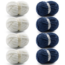 8 Pack Chunky Yarn for Hand Knitting - Chunky Chenille Yarn for Crocheting - Fluffy Yarns for Crochet - Jumbo Yarns for Hand Knitting 28.4 Yds 7.7 Oz Per Roll (8, Milky White-Navy Blue)