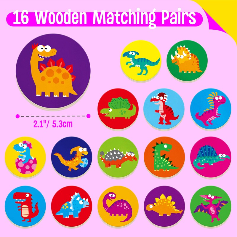 Wooden Memory Matching Game, 32 PCS Dinosaur Wood Match Chips