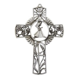 Pewter First Communion Wall Cross with Praying Girl, 5 Inch