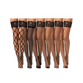 Janmercy 6 Pairs Fishnet Thigh High Stocking Silicone Lace Top Sheer Pantyhose Over Knee Stocking Silky Stockings for Women(Black,Large)