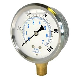 PIC Gauges PRO-201L-254H-GL Bottom Mount Glycerin Filled Industrial Pressure Gauge w/ SS Case, Brass Internals, Glass Lens, 2.5" Dial, 0/300 psi Range, 1/4" Male NPT
