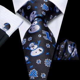 Hi-Tie - Juego de gemelos cuadrados para hombre de seda, muñeco de nieve, con bolsillo de corbata, color azul marino, para regalo