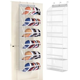 AOODA Clear Over the Door Hat Racks for Baseball Caps, Large Holds up to 72 Caps Hat Storage Organizer for Closet Wall, Deep Pockets Hanging Snapback Holder Shelves with 3 Hooks, White
