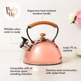 Pinky Up Hadley Stainless Steel Tea Kettle for Stovetop, Whistling Teapot, Ergonomic Handle, Fast Heating, Compatible with Gas, Electric, and Induction Stoves, 70 oz, Rose Gold