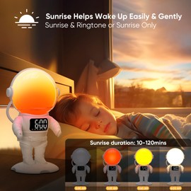 Astronaut Wake Up Light Sunrise Alarm Clock for Kids, Heavy Sleepers, Bedroom, Gradual Sunlight Alarm Clock with Sunrise Simulation, 22 Night Lights, 30 Natural Sounds, Gift Idea(White+Remote Control)