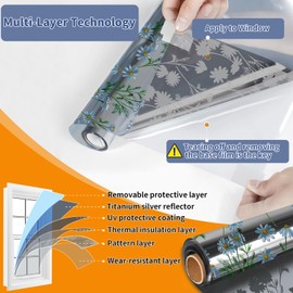 QHYsunshine One Way Privacy Film, Window Tint for Home,Daytime Reflective, Anti UV Static Cling Sliding Door Coverings No Glue Garage Solar Paper (Silver -Daisy, 45.27 x 78.7 in)