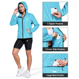 FitsT4 Sports Women's Cycling Running Jackets Lightweight Windproof Bike Windbreaker Reflective with Hood Light Blue Size 2XL
