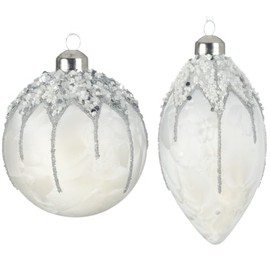 Frosted Glass Ornaments - Blown Glass Christmas Ornaments, Set of 2 Frosted White Beaded Glass Balls