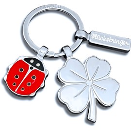 LANOLU Lucky Charm Keyring with Clover Pendant and Ladybird, Car Key Fob Luck, Lucky Charm Operation, Good Luck Exam, Good Luck Gift, silver