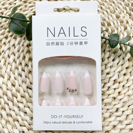 White French Tip Press on Nails Medium Almond Fake Nails Nude False Nails with Designs 3D Rhinestones Glue on Nails Full Cover Glossy Acrylic Stick on Nails for Women Manicure 24Pcs