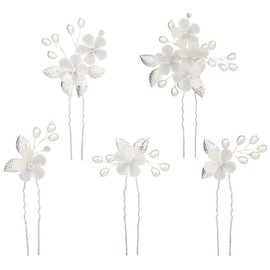 CABODYALS 5Pcs Acyrlic Flower Hair Pins Silver Beaded Clips Headpiece Set Glitter Floral Leaf Pearl Rhinestone Decorative Barrette u Shape Bobby Forks for Women Wedding Bridal Prom Party Decorations