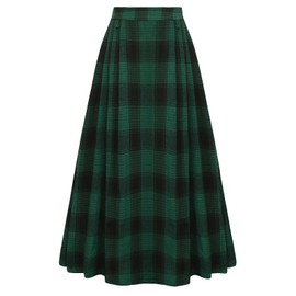 Women Medieval Skirt Elastic Waist Plaid Adjustable A-Line Skirt Swing Skirt Black Green S