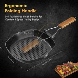 Mihoho Nonstick Grill Pan, 9.5 Inch Large Grilling Skillet Steak Pan for Indoor Cooking, Steak & Bacon Pans for Stove Tops (9.5 in)