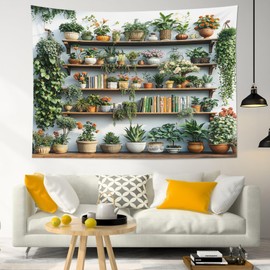 EOBTAIN Green Plant Tapestry Cactus and Floral Potting on Bookshelf Tapestries Hanging Botanical and Reading Tapestry Wall Hanging Decor for Bedroom Living Room 60x40 Inch