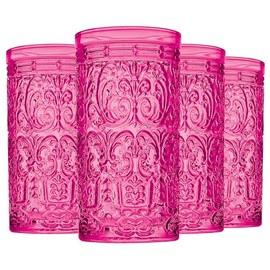 Godinger Highball Drinking Glasses, Tall Glass Cups Vintage Design - Jax Collection, Set of 12 (Hot Pink, 14oz)