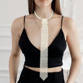LJBFNN Pearls Neck Tie, Artificial Pearl Womens Tie Handmade Weaving Shirt Necklace Beaded Ties for Women Pearl Tie (White)