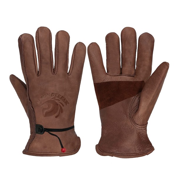 OLSON DEEPAK Retro Brown Leather Work Gloves for Cut/Motorcycle/Farm, Cowhide