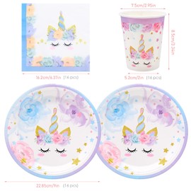 16 Guests Unicorn Birthday Party Tableware, Unicorn Party Plates Cups Napkins Disposable Cutlery Set for Kids Birthday Unicorn Themed Party Supplies