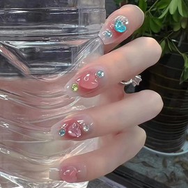 Press on Nails Square Medium Length, Pink Artificial Acrylic Fake Nails with 3D Love Heart Crystal Designs, Full Cover Reusable Coffin False Nails Set Women Glue on Nails Stick on Nails for Nail Art