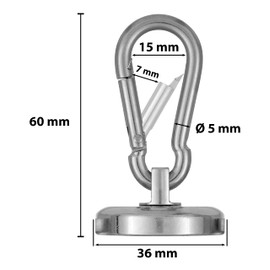 Poppstar Carabiner Magnet Extra Strong, 2x (35kg Clamping Force) Neodymium Hook Magnets with Rotatable Carabiner