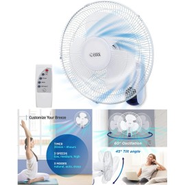 ComfortZone Wall Mount Fan With Remote 16" Oscillating Quiet 3 Speed Indoor Outdoor Cooling