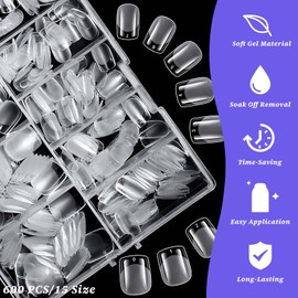 LoveOurHome 600pc Extra Short Square Nail Tips Clear Fake Nails XS Square Gel Nail Tips Full Cover Acrylic Nails Clear Press on Nails Short False Nail 15 Sizes Fingernails for Gel Nail Extension