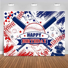 Mocsicka Baseball Birthday Backdrop Boys Blue and Red Baseball Party Decorations Kids Teens Sports Baseball Happy Birthday Banner Photo Booth Props(7x5ft)