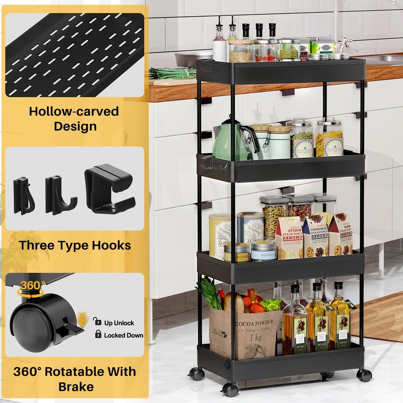 SPACEKEEPER Storage Cart 4-Tier, Bathroom Rolling Cart Utility Storage Organizer