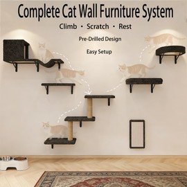 MIUZMORE Cat Wall Shelves, 10-Piece Complete Cat Wall Furniture System with Perches and Scratching Posts, Stable Floating Climbing Set for Large Indoor Cats, Space Saving Kitty Furniture - Dark Gray