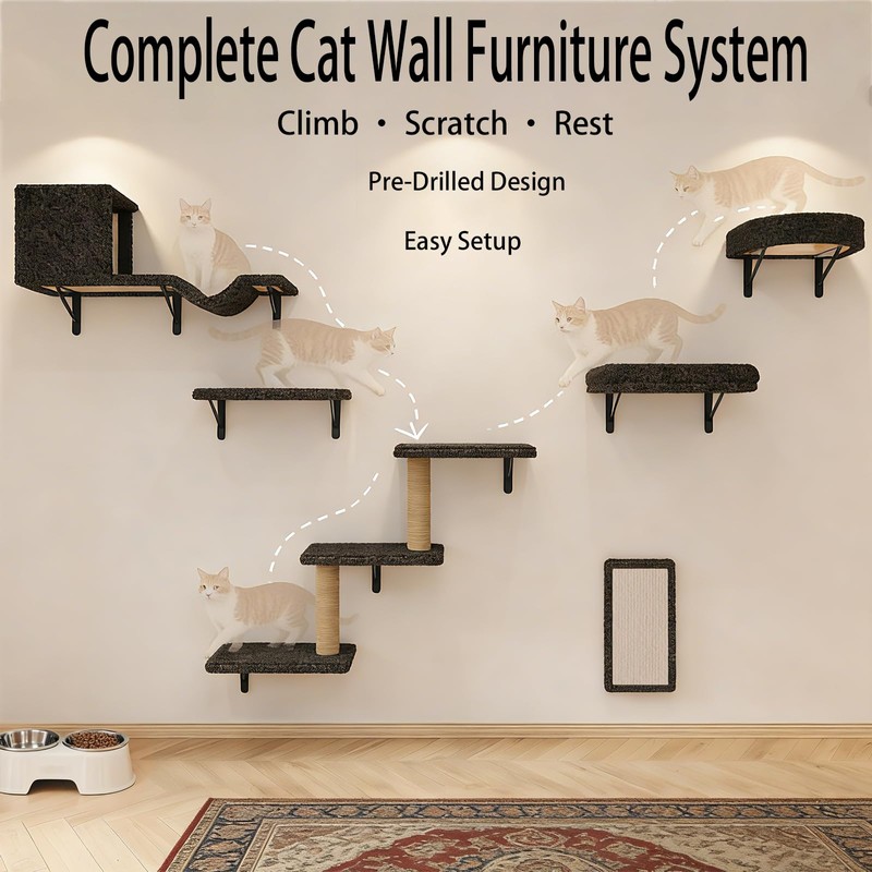 MIUZMORE Cat Wall Shelves, 10-Piece Complete Cat Wall Furniture System
