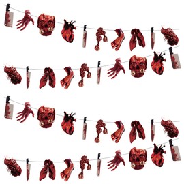 4 Piece Halloween Party Decorations Creepy Party Banner with Fake Knives Red Splatter Effects and Creepy Props for Haunted House Spooky Movie Night Party Room Decor