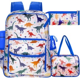 Silkfly 3 Mesh Backpack Set Semi-transparent bag for Women Heavy Duty bookbag with Pocket with Lunch Bag Pencil Case(Dinosaur)