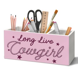 Yjeslw Long Live Cowgirl Pink Pen Holder Organizer for Desk Accessories, Preppy Pink Western Wooden Box Sign Desk Decorations for School Girly Room Bedroom Dorm Decor, Cowgirl Gifts for Women