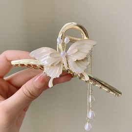 Large White Butterfly Long Tassel Hair Claw Clips, Butterfly Hair Claw Clips with Tassel Metal Pearl Nonslip Clamps Styling Accessories for Thick Long Hair Women Head wear Gifts