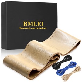 BMLEI Leather Steering Wheel Cover, Non-Slip Car Steering Wheel Wrap with Soft Padding, Stitch On Wrap, DIY Car Wheel Cover Protector 15inch Universal Fit (Beige)