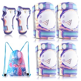 NEMONE Mermaid Knee Pads for Kids, Girls Boys Knee Elbow Pads Wrist Guards with Drawstring Bag, Adjustable Reflective Protective Gear Set for Roller Skates Bike Cycling Skateboard Scooter Purple M