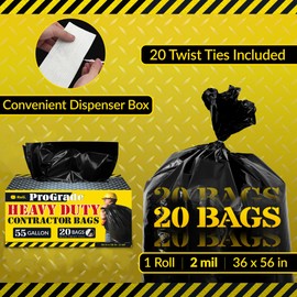 Reli. ProGrade Contractor Trash Bags 55 Gallon | 20 Bags w/Ties | Heavy Duty | 2 Mil | Black | Construction