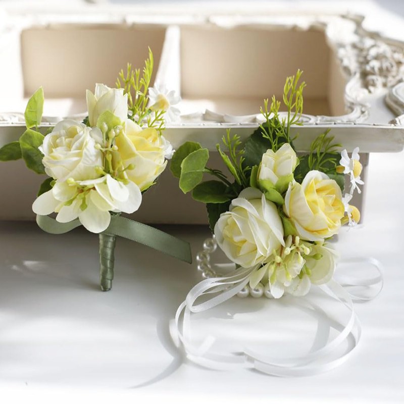 MAFELOE Artificial Corsage Boutonniere, Light Yellow+Champagne, 2 Pieces