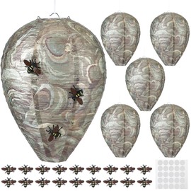 Qualirey 6 Pack Paper Wasp Nest Decoys, Fake Wasp Nest Hanging Hornet Repellent with 18 Simulated Bees for Repellent Carpenter Bee, Eco Friendly Hanging Yellow Jacket Deterrent for Outdoor Home Garden