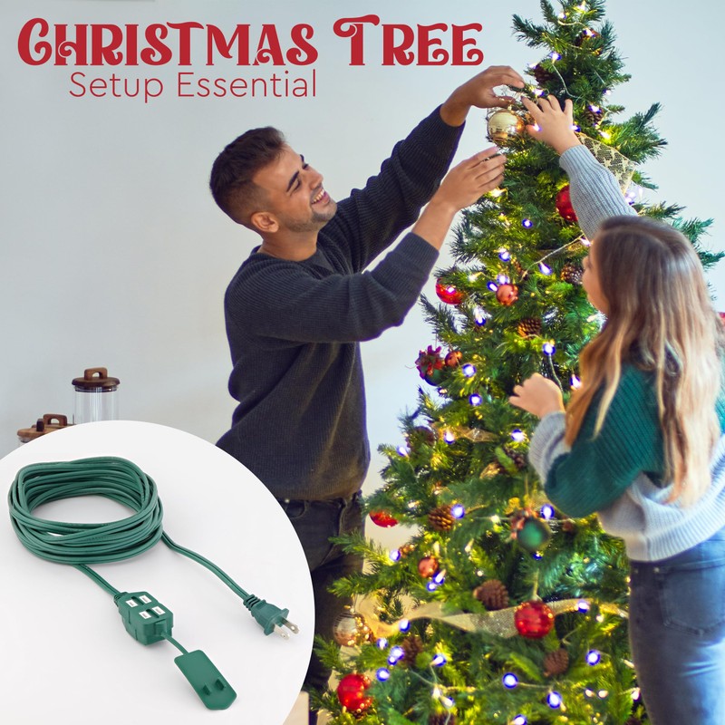 15 Feet Green Extension Cord for Christmas Tree, 3 Outlet,