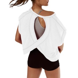 Kumufenc Women Short Sleeve Workout Shirts Open Back Tops Casual Yoga Y2k Athletic Gym Slouchy Crop Running Tees(White,S)