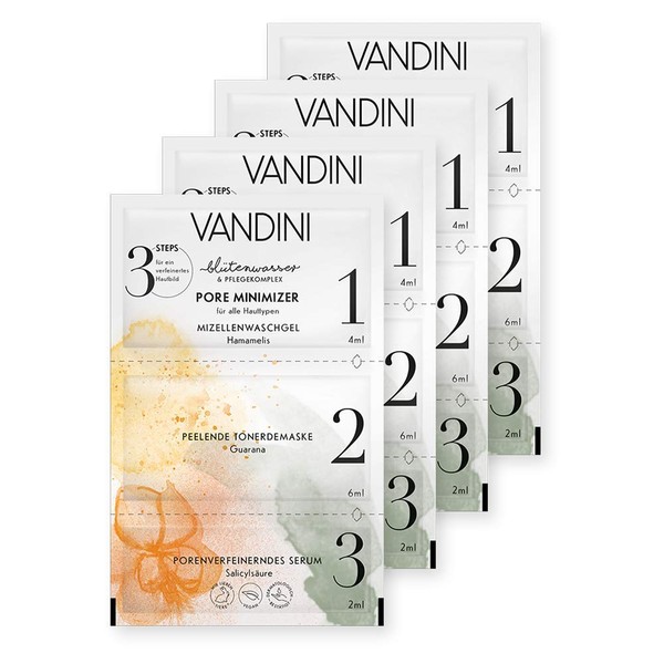 VANDINI Skin Image Refining Face Mask with 3 Steps - Pore Minimiser Moisturising Mask for All Skin Types - Vegan Face Mask without Silicones, Parabens & Mineral Oil in Pack of 4 (4 x 12 ml)