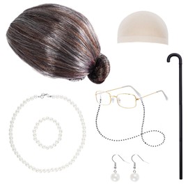 Tongcloud 8pcs Old Lady Costume Set 100 Days of School Old Lady Wig Grandma Wig Caps Glasses Eyeglass Chain Set for Women(Brown)