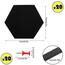 20 Pcs Pin Board Hexagon Felt Board Tiles Black Self-Adhesive Bulletin Board Memo Board Notice Board with 20 Pieces Push Pins, Decoration for Home Office Classroom Wall (Black)